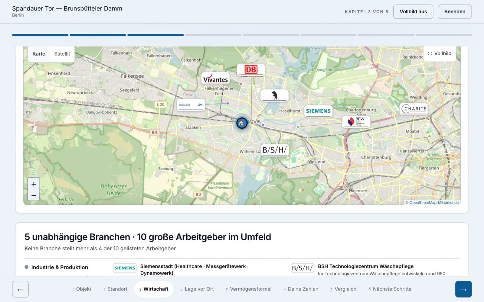 Bildschirmbild: Kapitel 3 von 8 der Objektvorstellung, „Wirtschaft & Arbeitgeber“ — die Karte mit den großen Arbeitgebern rund um das Spandauer Tor in Berlin, Karte © OpenStreetMap-Mitwirkende