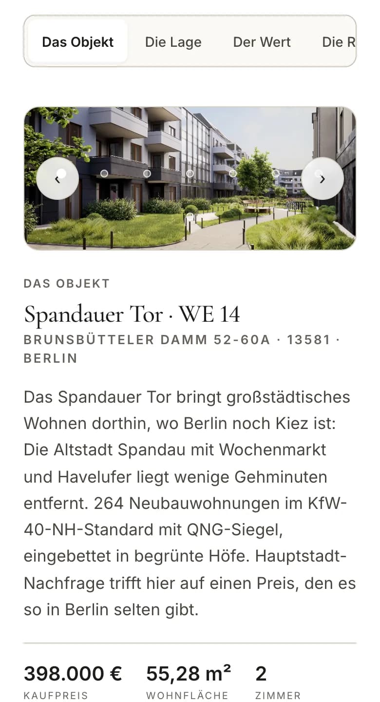 Bildschirmbild: ein Dossier im Portal auf dem Handy — Reiter, Objektbild, Kaufpreis und Wohnfläche, mit Beispieldaten